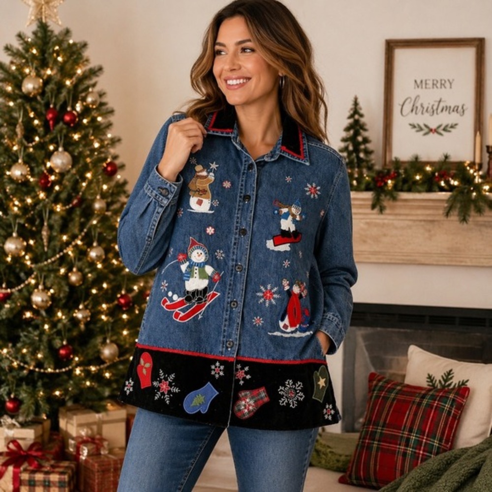Quizz Again Snowman Denim Shirt Womens Small Blue Cotton Vintage Holiday Festive